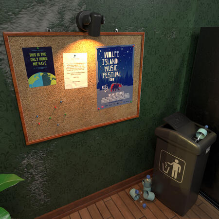 the notice board and the garbage bin.