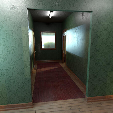 a (rather gloomy) hall into the last two bedrooms of the building (the others being in the first floor, which are not shown).